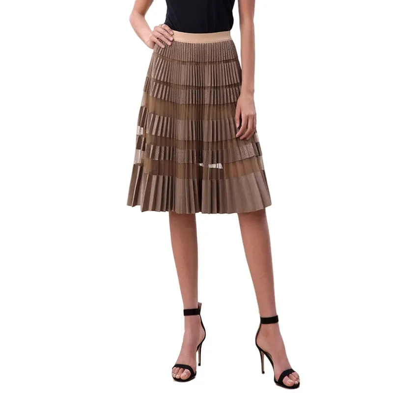 S254 Women faux suede perforated panel mesh combo sunburst pleated midi skirt