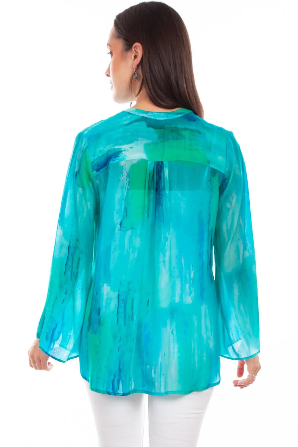 Scully Womens Artful Tie-Dye Aqua Rayon L/S Blouse