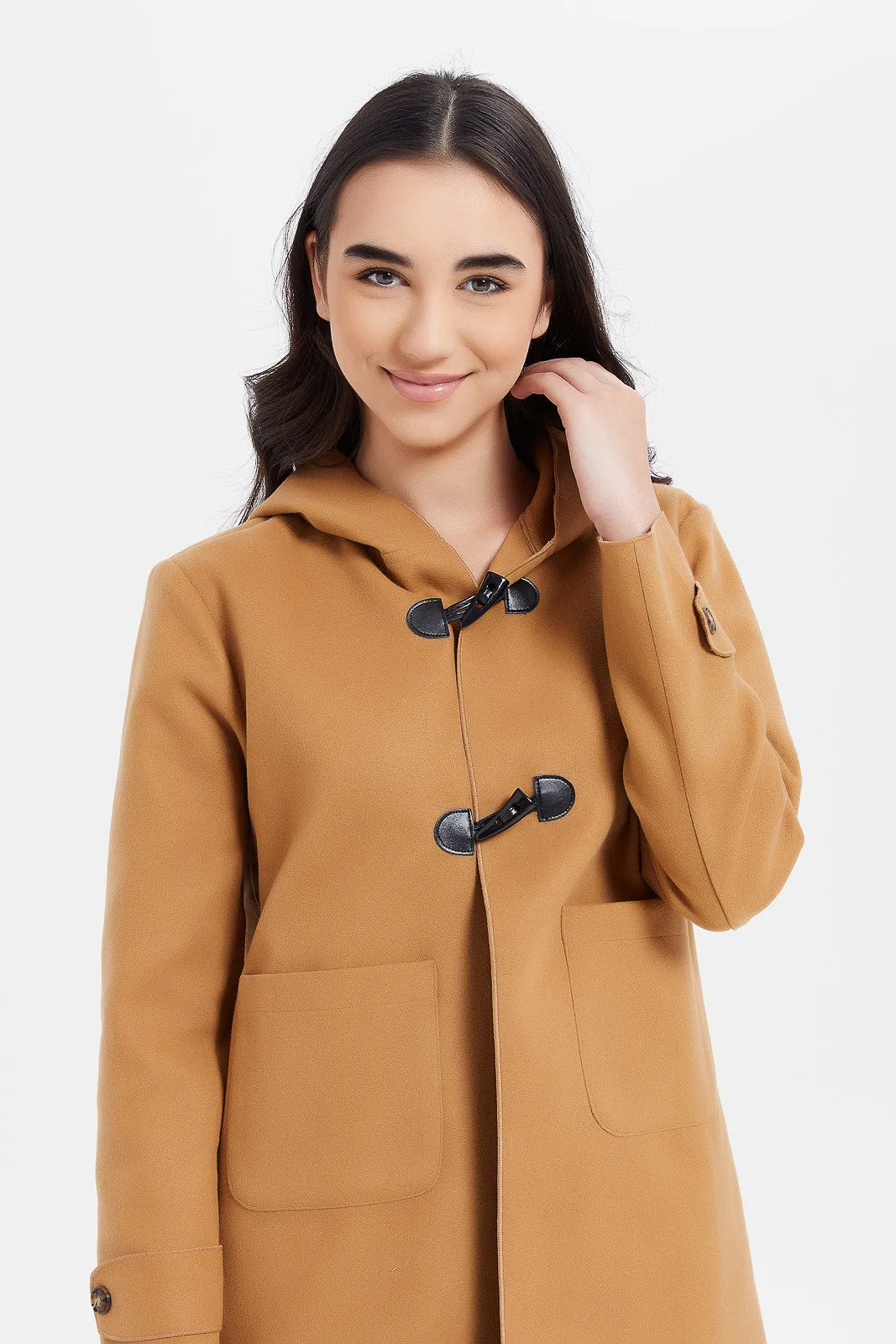 Senior Girls Brown Duffle Coat With Hoody