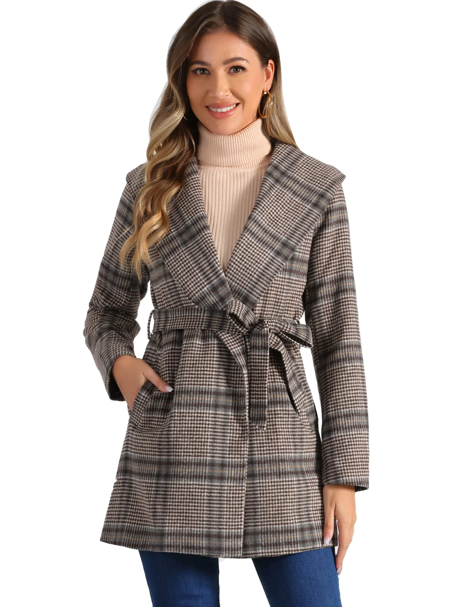 Shawl Collar Check Belted Wrap Plaid Coat with Pockets