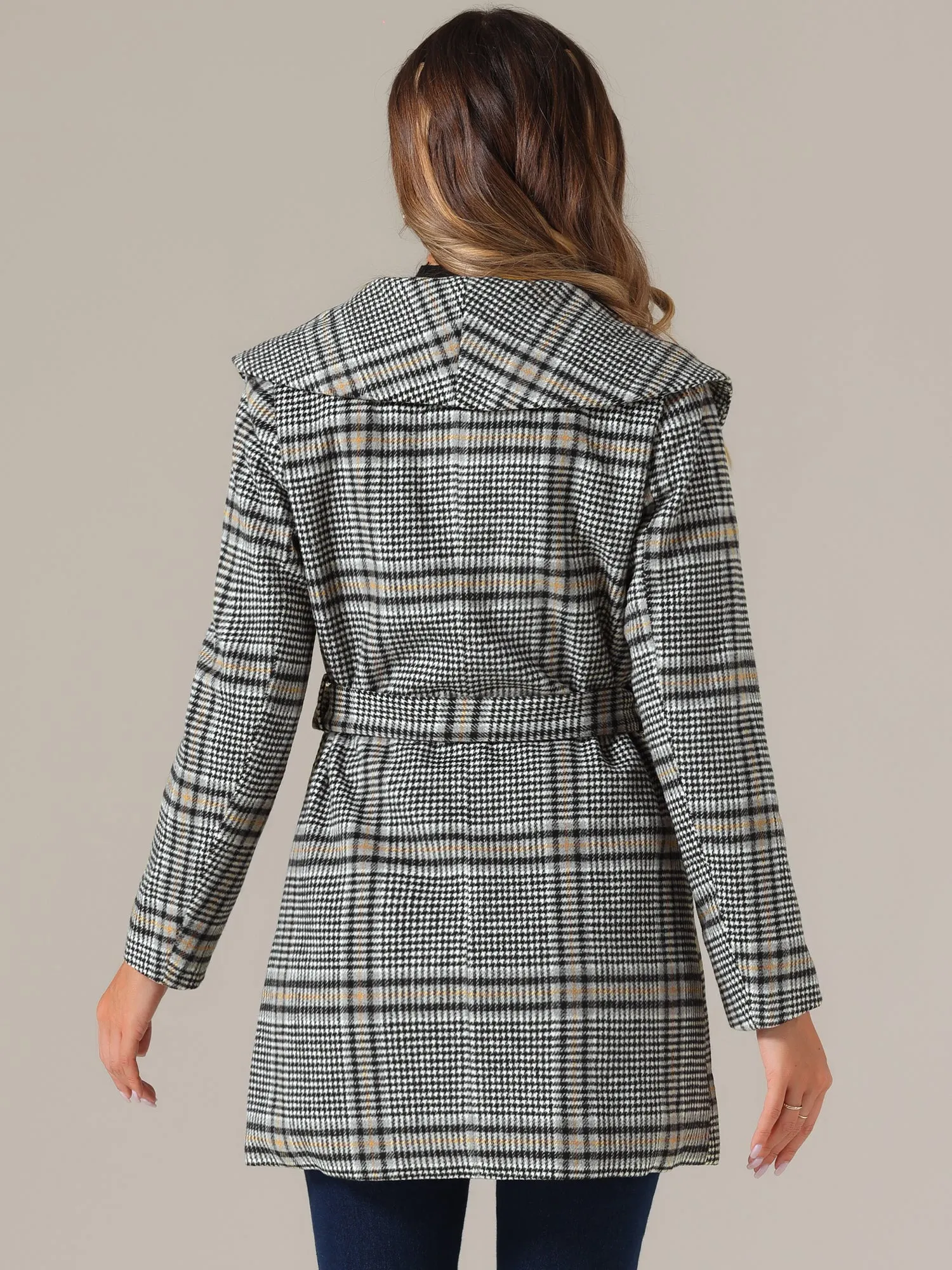 Shawl Collar Check Belted Wrap Plaid Coat with Pockets