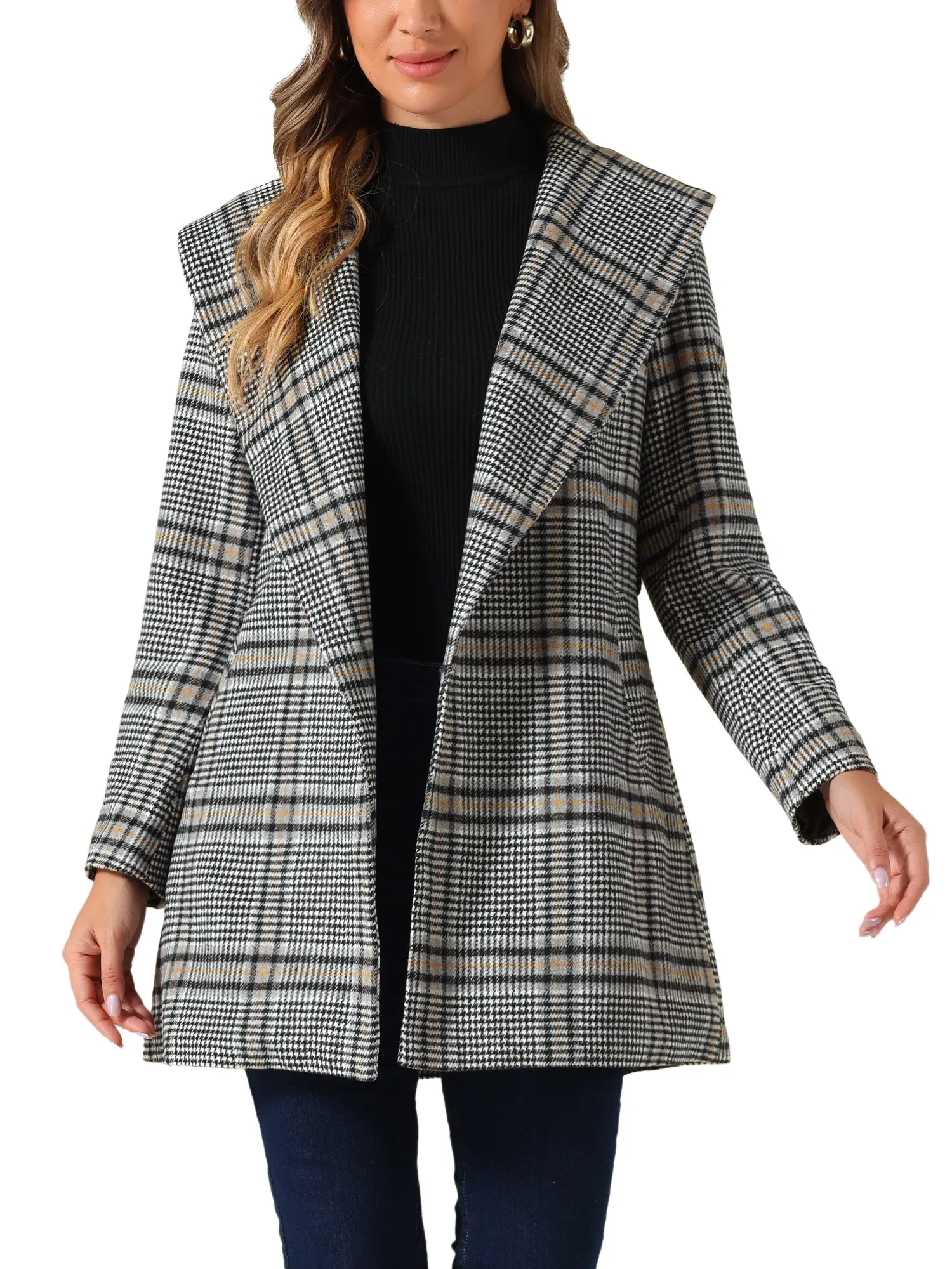 Shawl Collar Check Belted Wrap Plaid Coat with Pockets