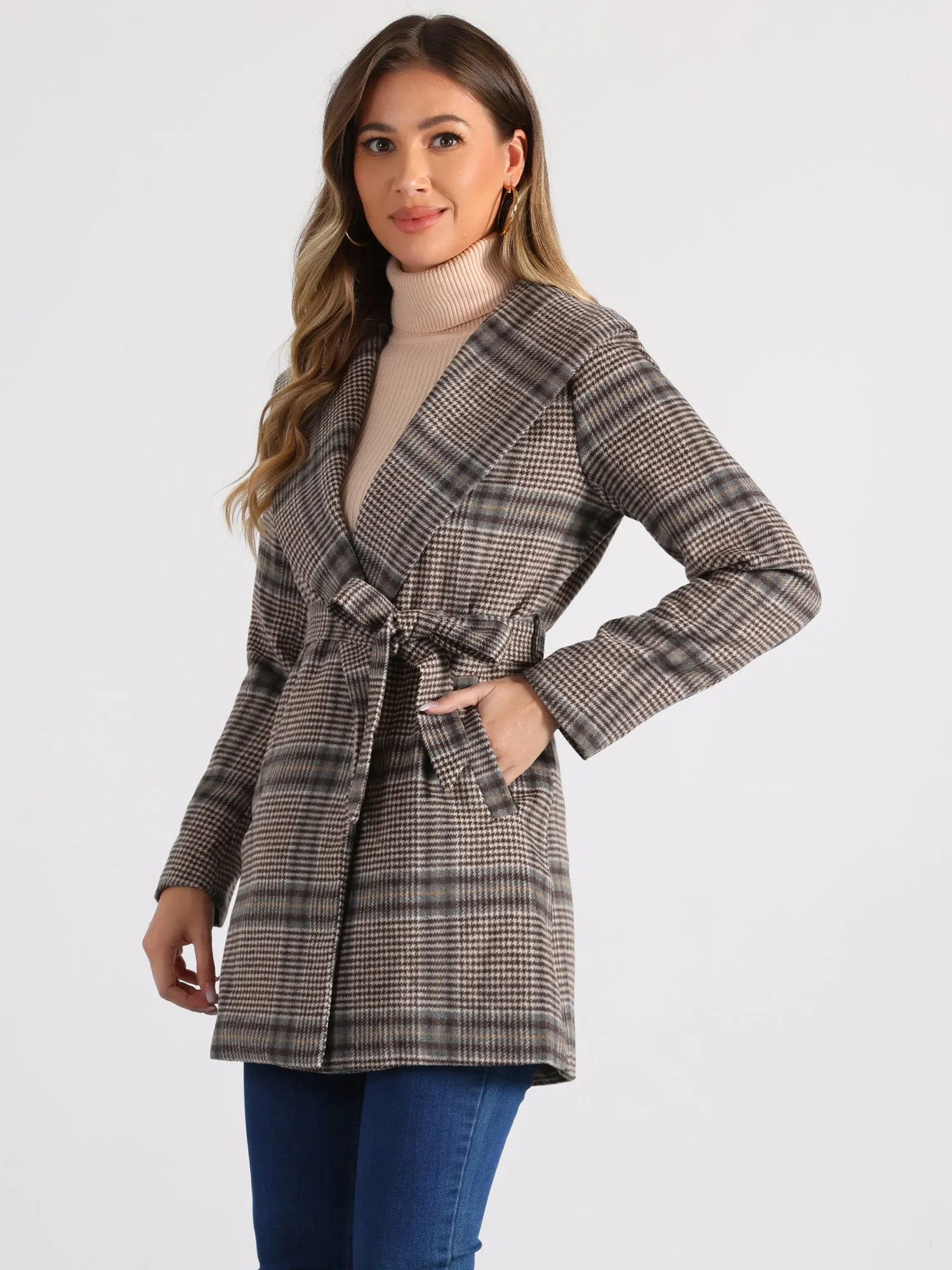 Shawl Collar Check Belted Wrap Plaid Coat with Pockets