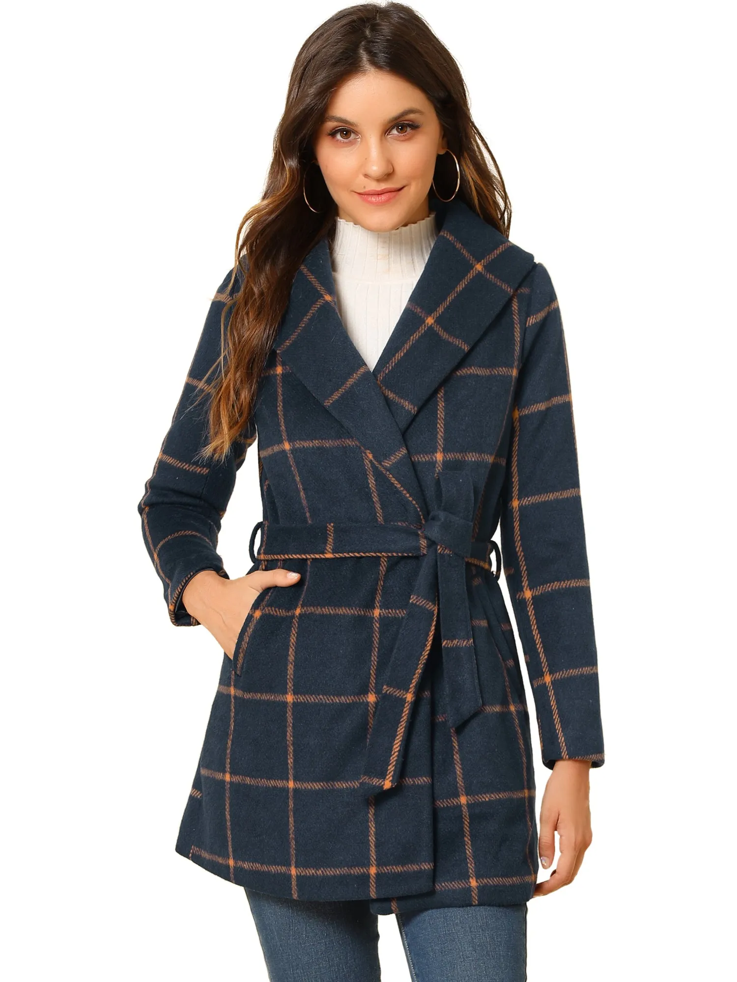 Shawl Collar Check Belted Wrap Plaid Coat with Pockets