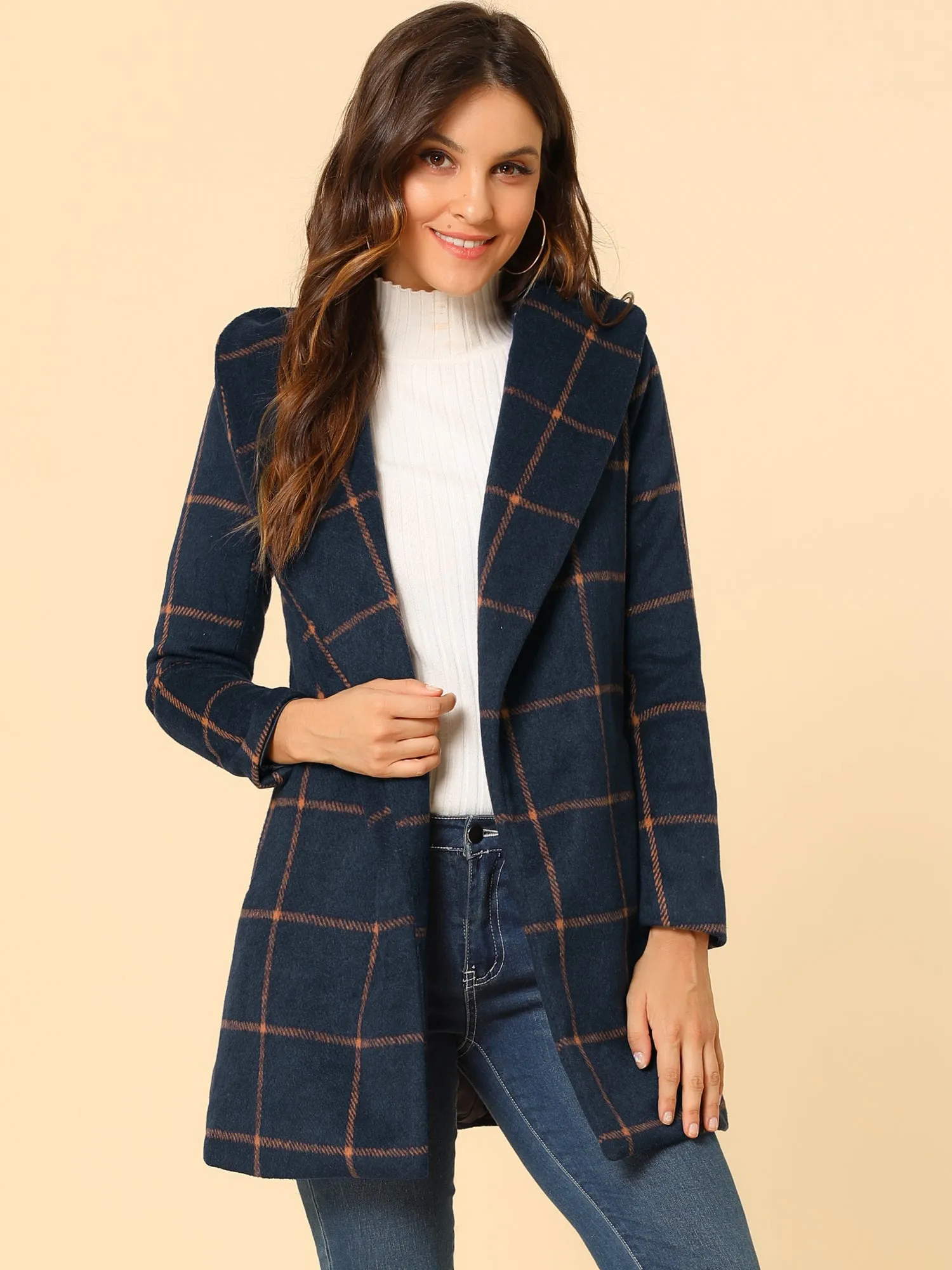 Shawl Collar Check Belted Wrap Plaid Coat with Pockets