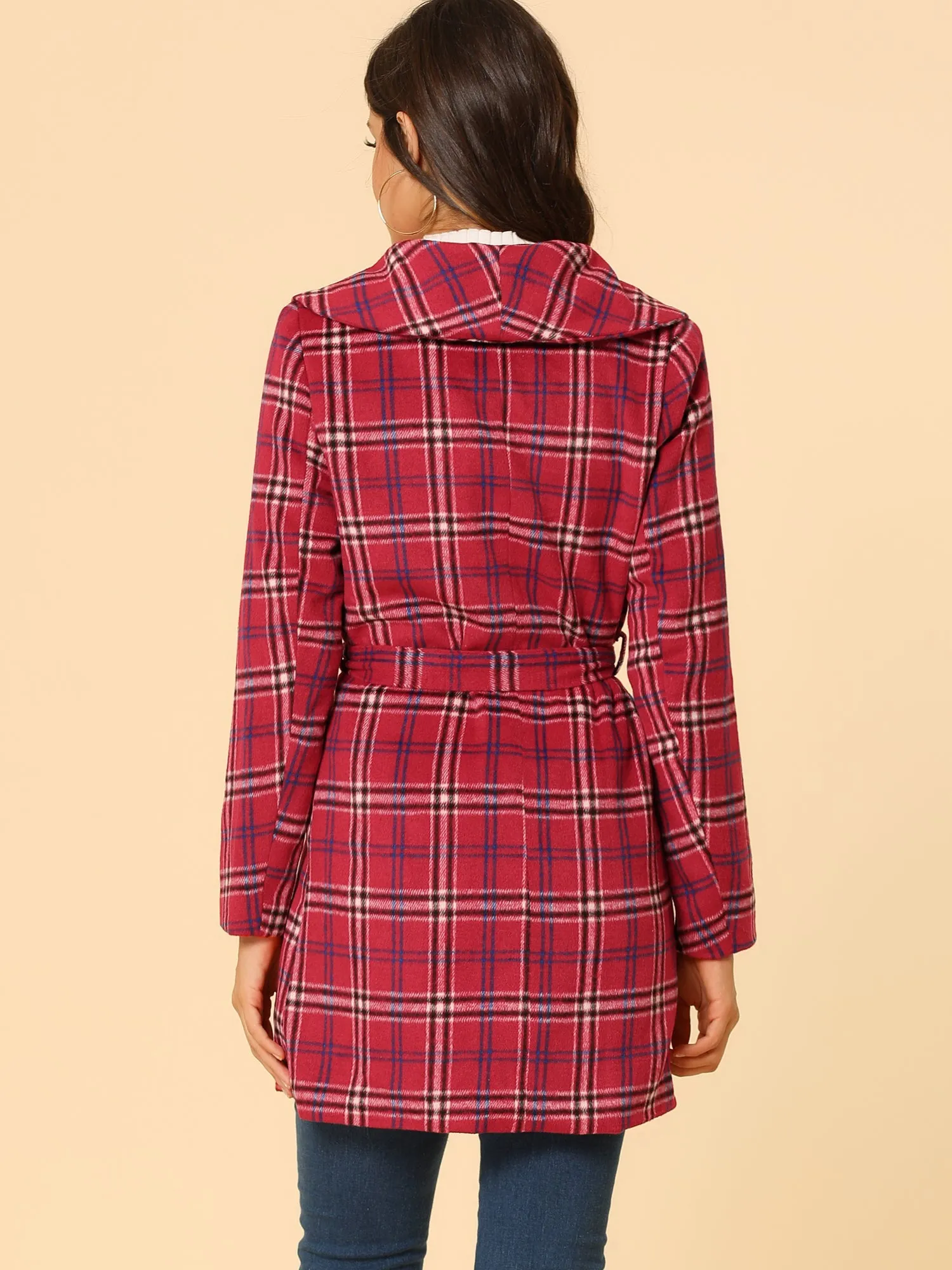 Shawl Collar Check Belted Wrap Plaid Coat with Pockets