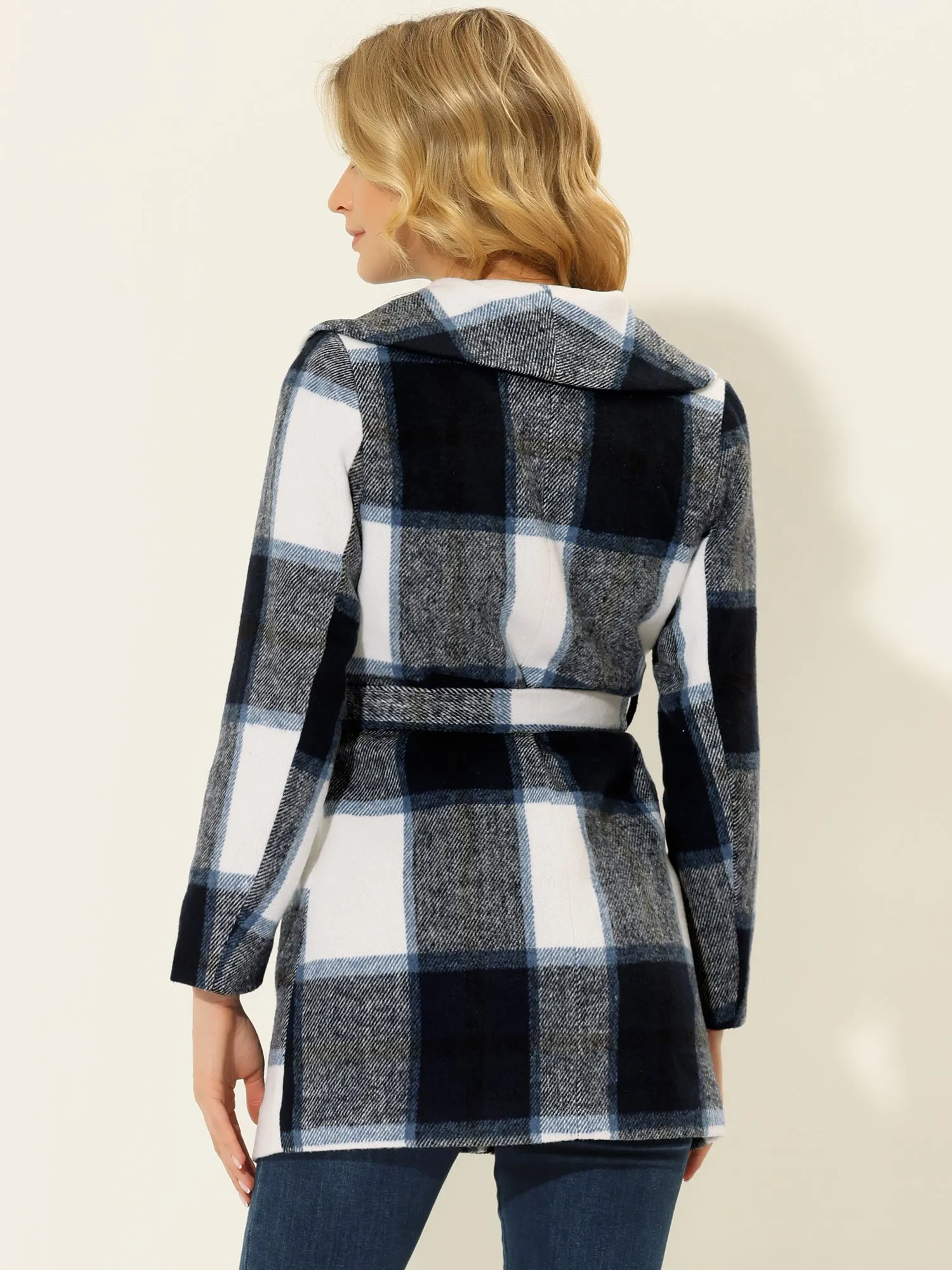 Shawl Collar Check Belted Wrap Plaid Coat with Pockets