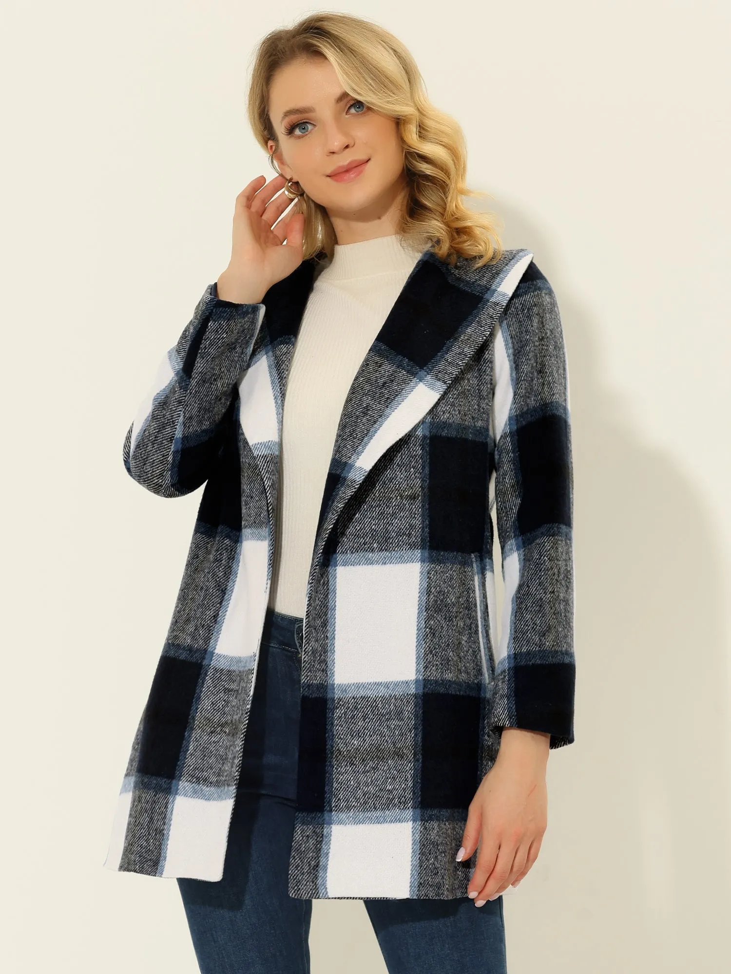 Shawl Collar Check Belted Wrap Plaid Coat with Pockets