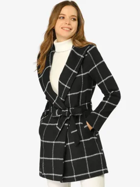 Shawl Collar Check Belted Wrap Plaid Coat with Pockets