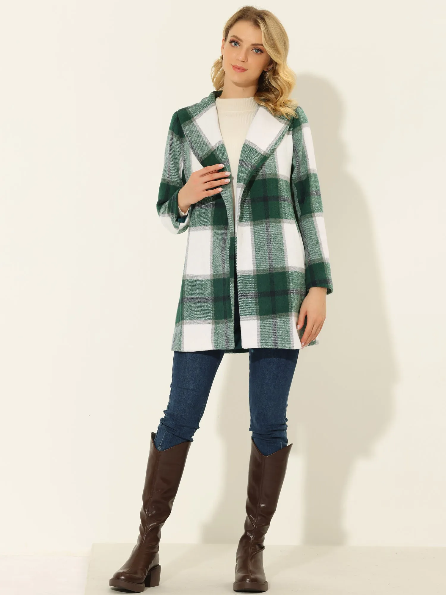 Shawl Collar Check Belted Wrap Plaid Coat with Pockets