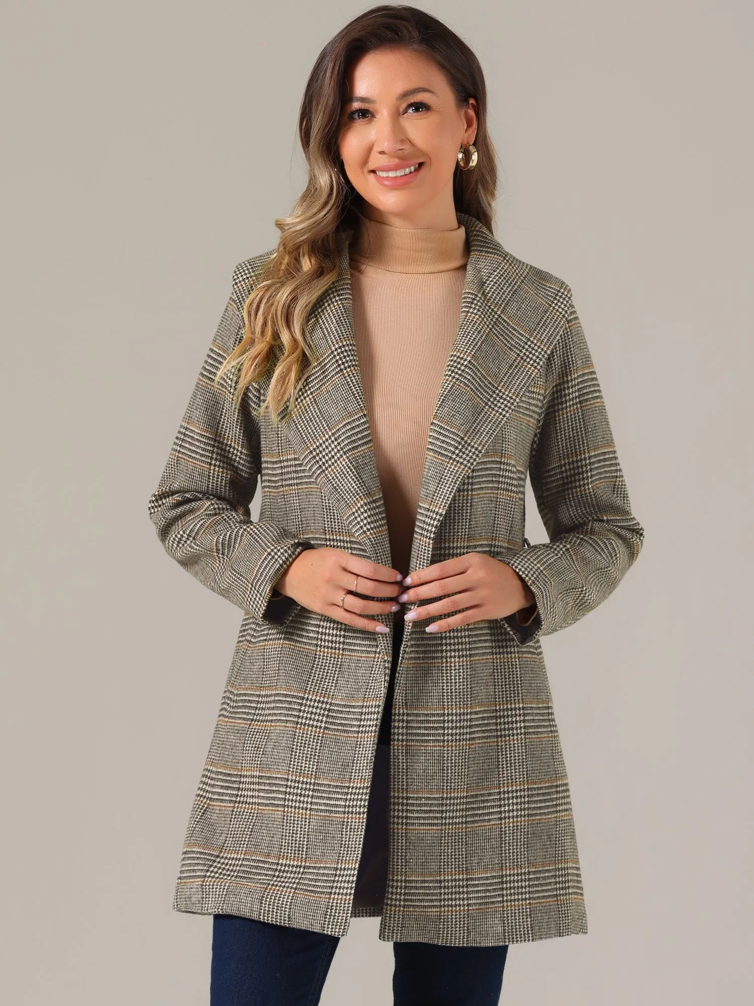 Shawl Collar Check Belted Wrap Plaid Coat with Pockets