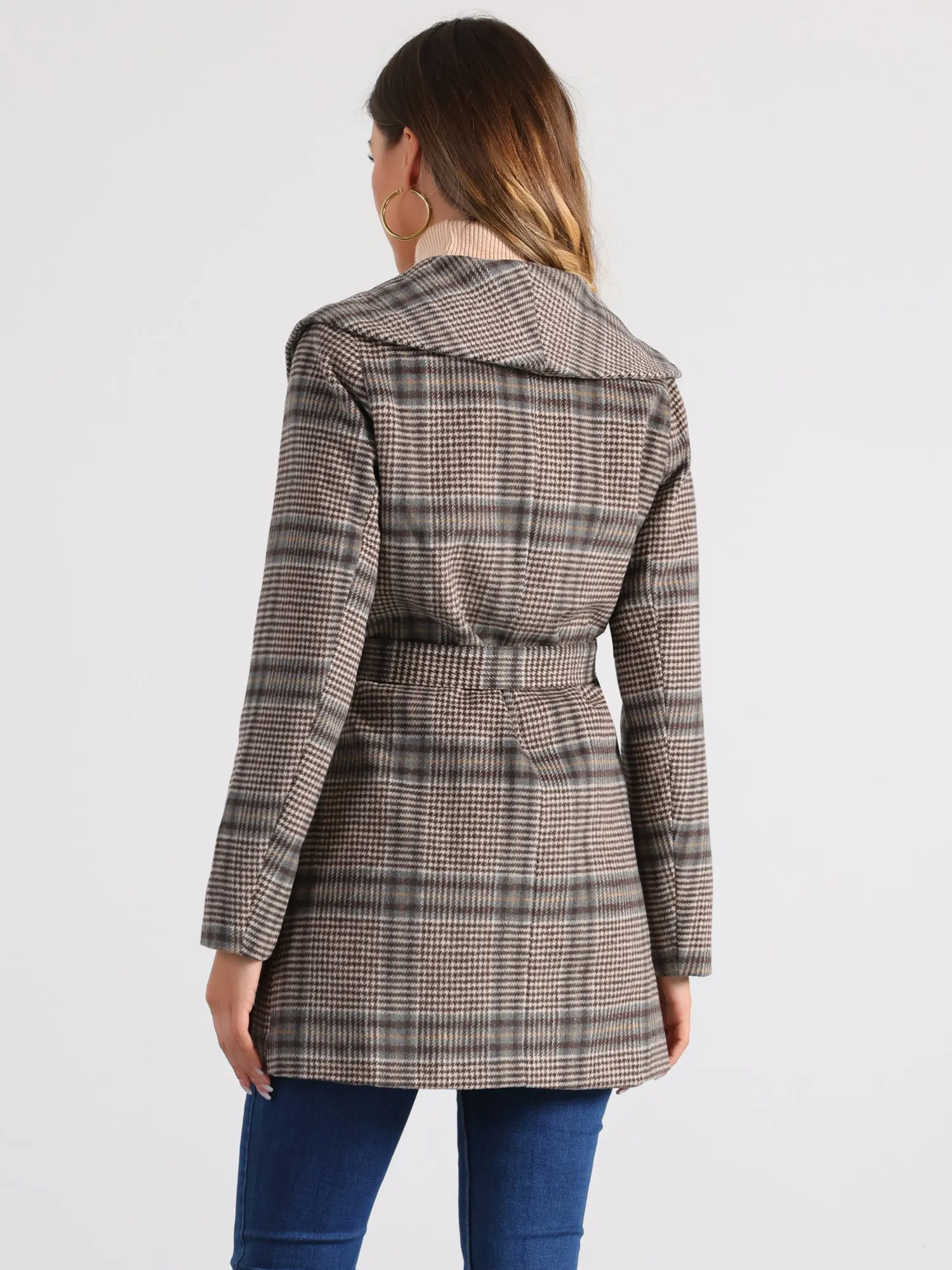 Shawl Collar Check Belted Wrap Plaid Coat with Pockets