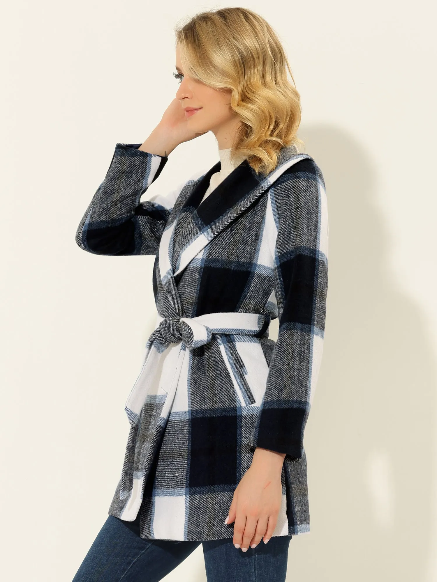 Shawl Collar Check Belted Wrap Plaid Coat with Pockets