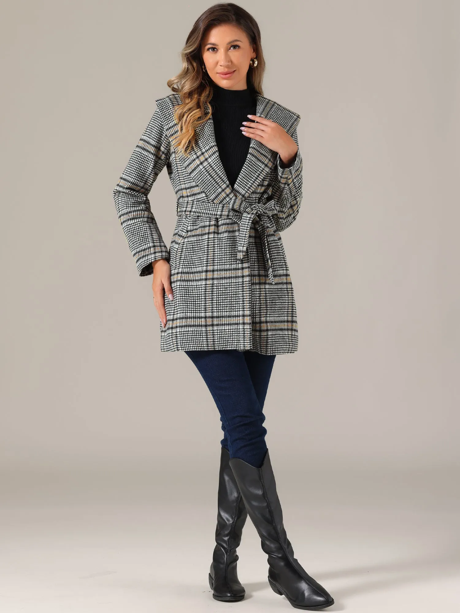 Shawl Collar Check Belted Wrap Plaid Coat with Pockets