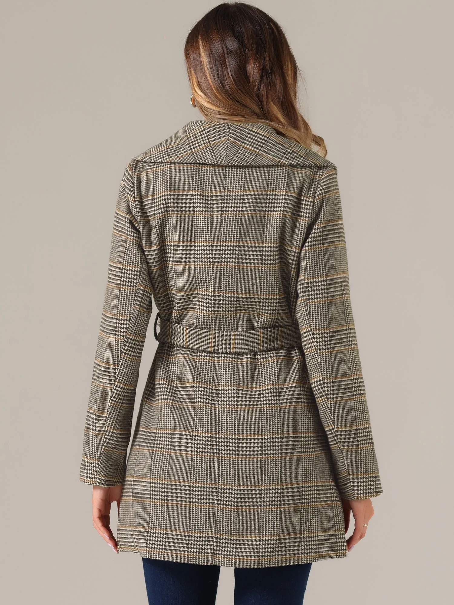 Shawl Collar Check Belted Wrap Plaid Coat with Pockets