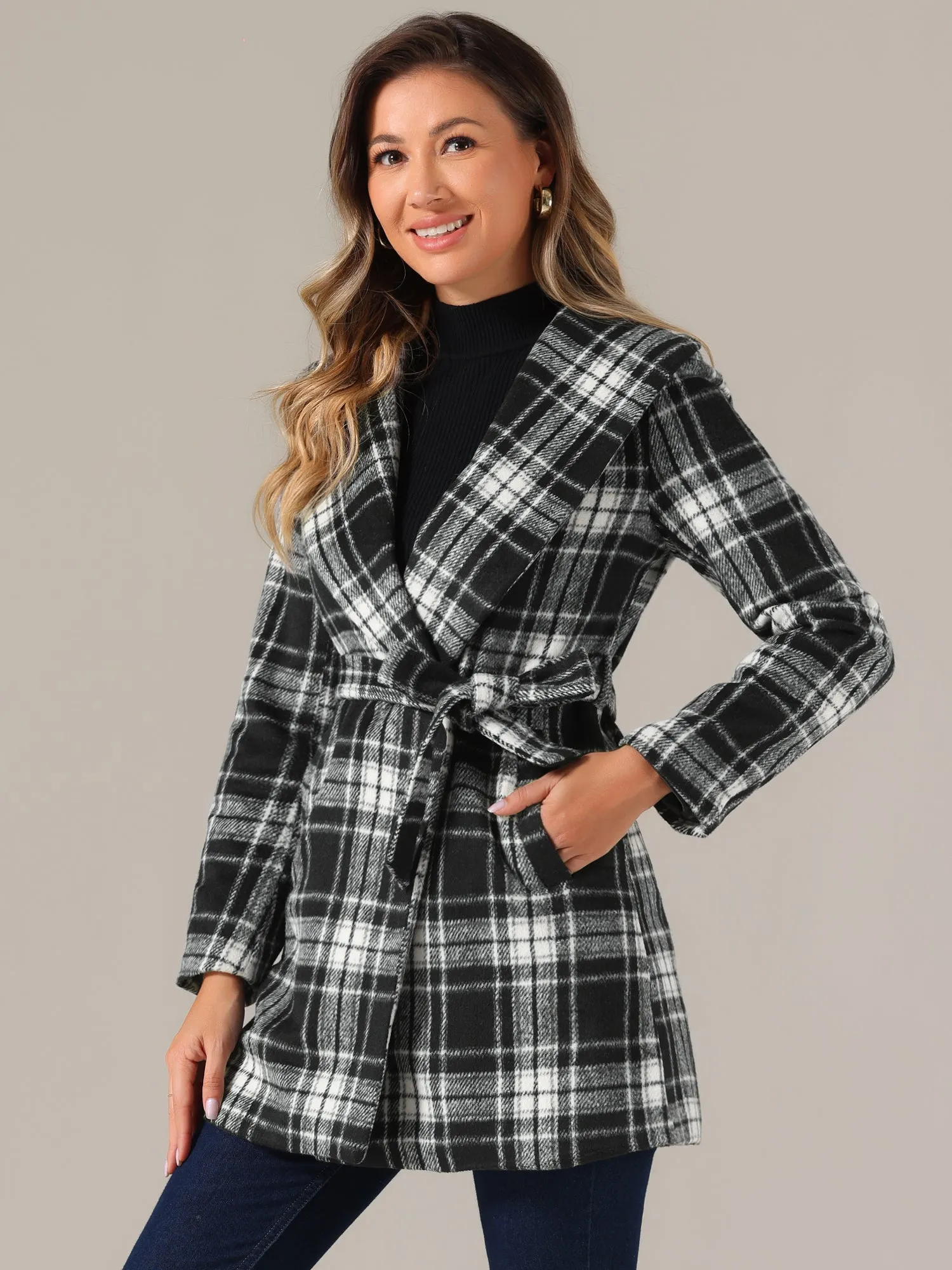 Shawl Collar Check Belted Wrap Plaid Coat with Pockets