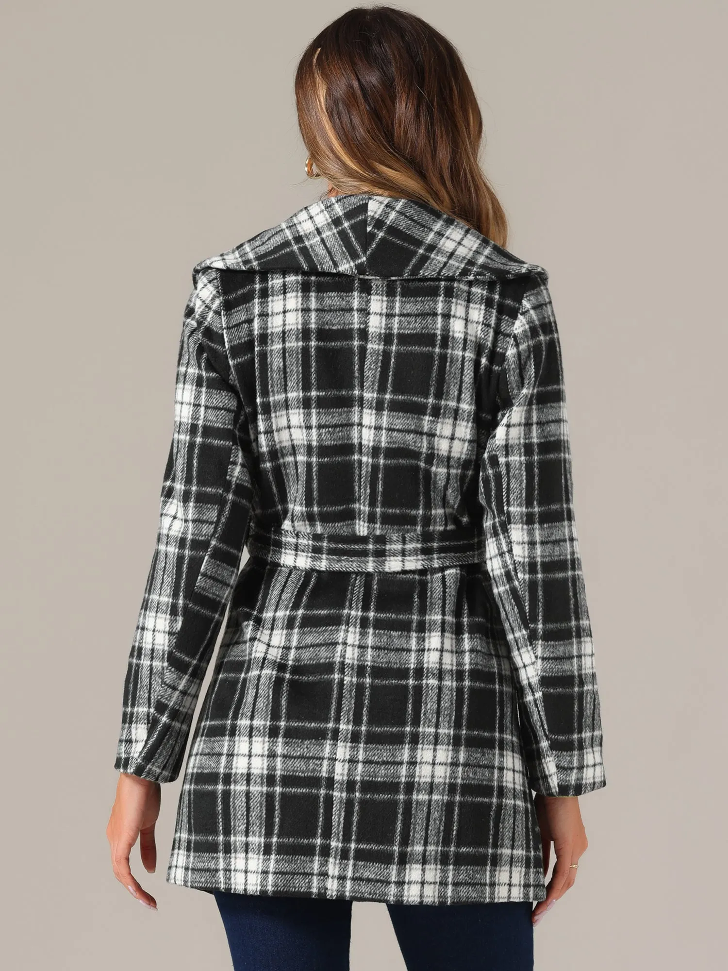 Shawl Collar Check Belted Wrap Plaid Coat with Pockets