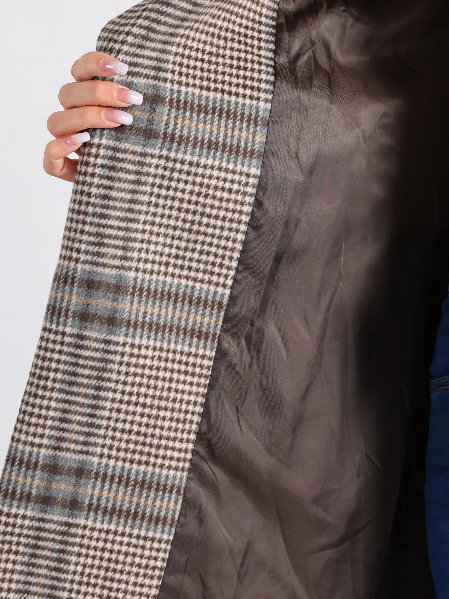 Shawl Collar Check Belted Wrap Plaid Coat with Pockets