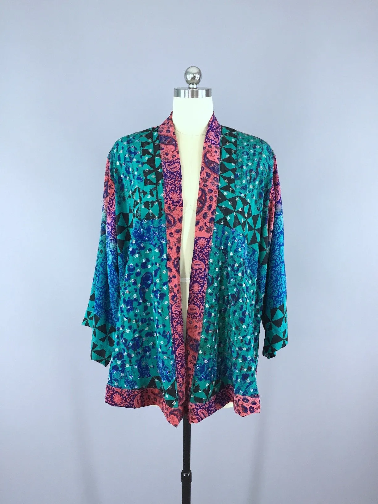 Silk Kimono Cardigan / Vintage Indian Sari / Aqua Blue Floral Block Print