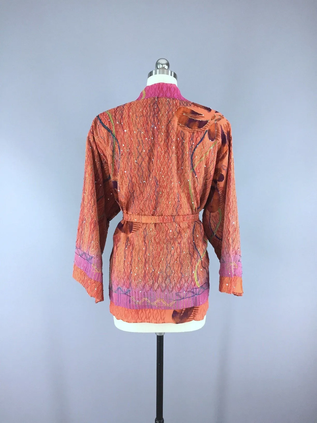 Silk Kimono Cardigan / Vintage Indian Sari / Bohemian Orange Pink Floral Embroidered