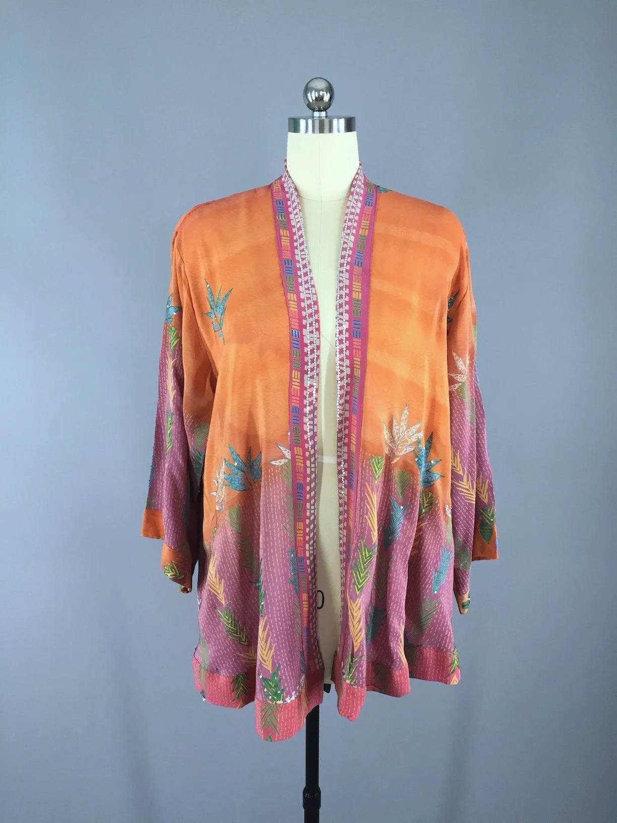 Silk Kimono Cardigan / Vintage Indian Sari / Pink Orange Floral