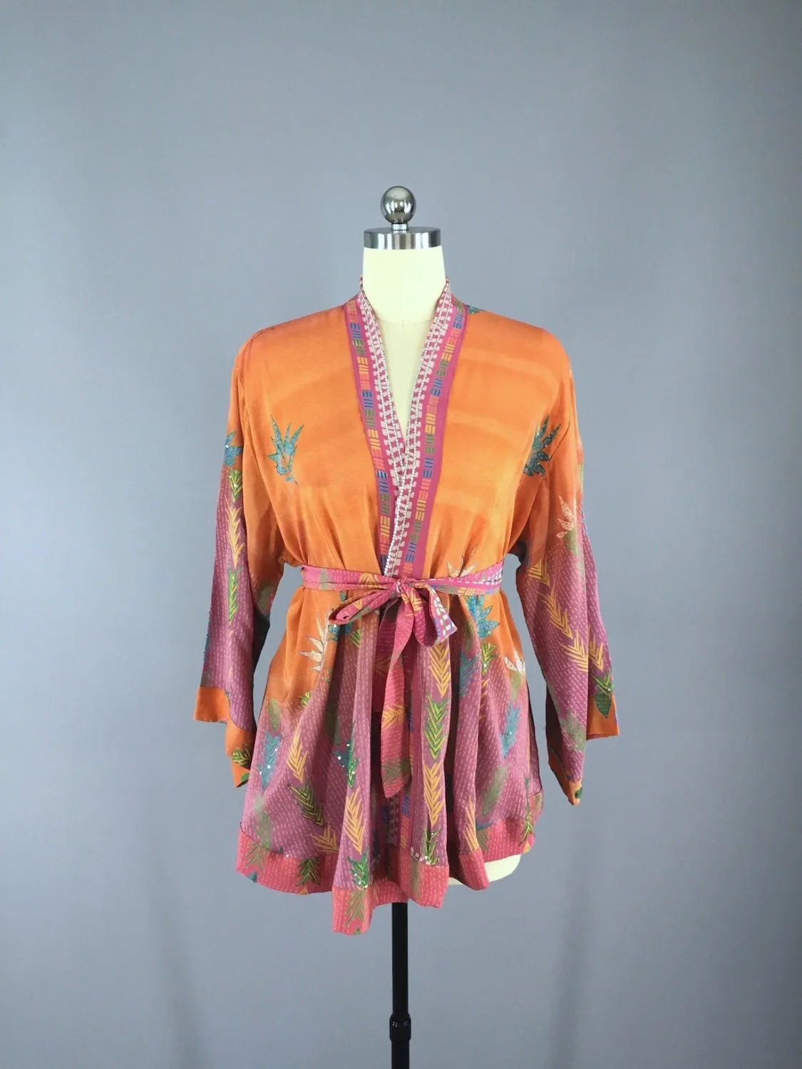 Silk Kimono Cardigan / Vintage Indian Sari / Pink Orange Floral