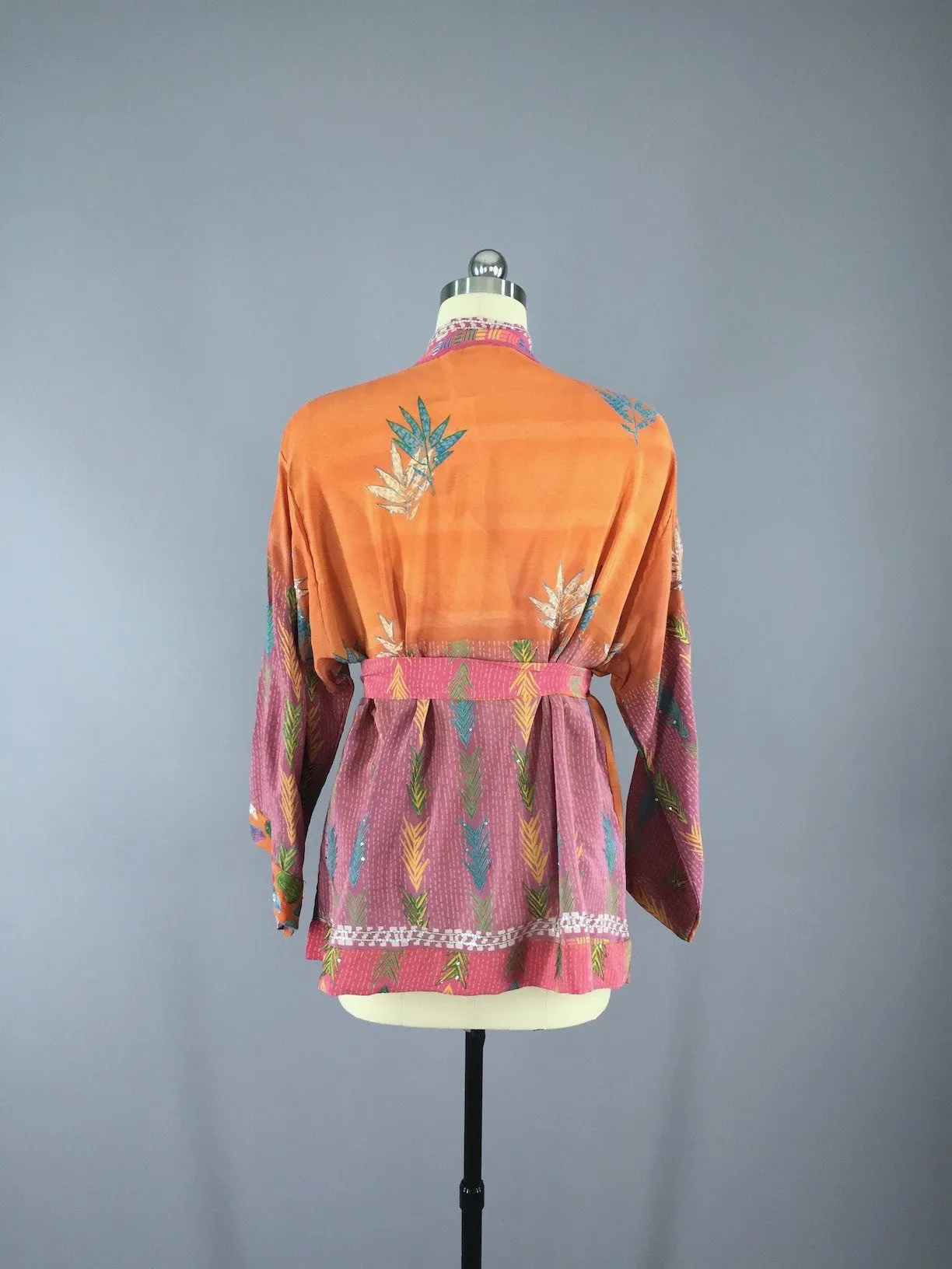 Silk Kimono Cardigan / Vintage Indian Sari / Pink Orange Floral