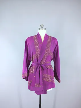 Silk Kimono Cardigan / Vintage Indian Sari / Purple French Embroidered