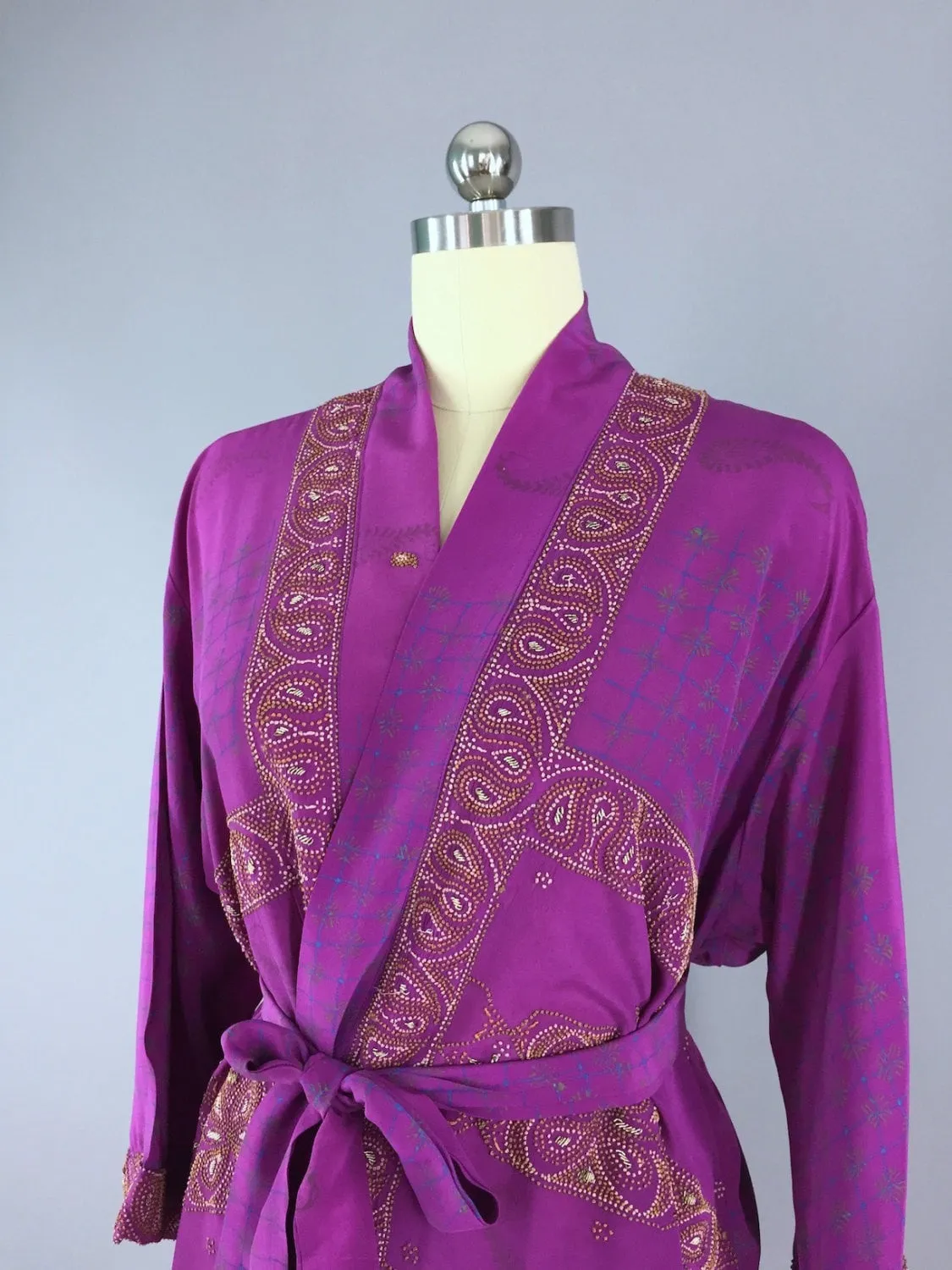 Silk Kimono Cardigan / Vintage Indian Sari / Purple French Embroidered