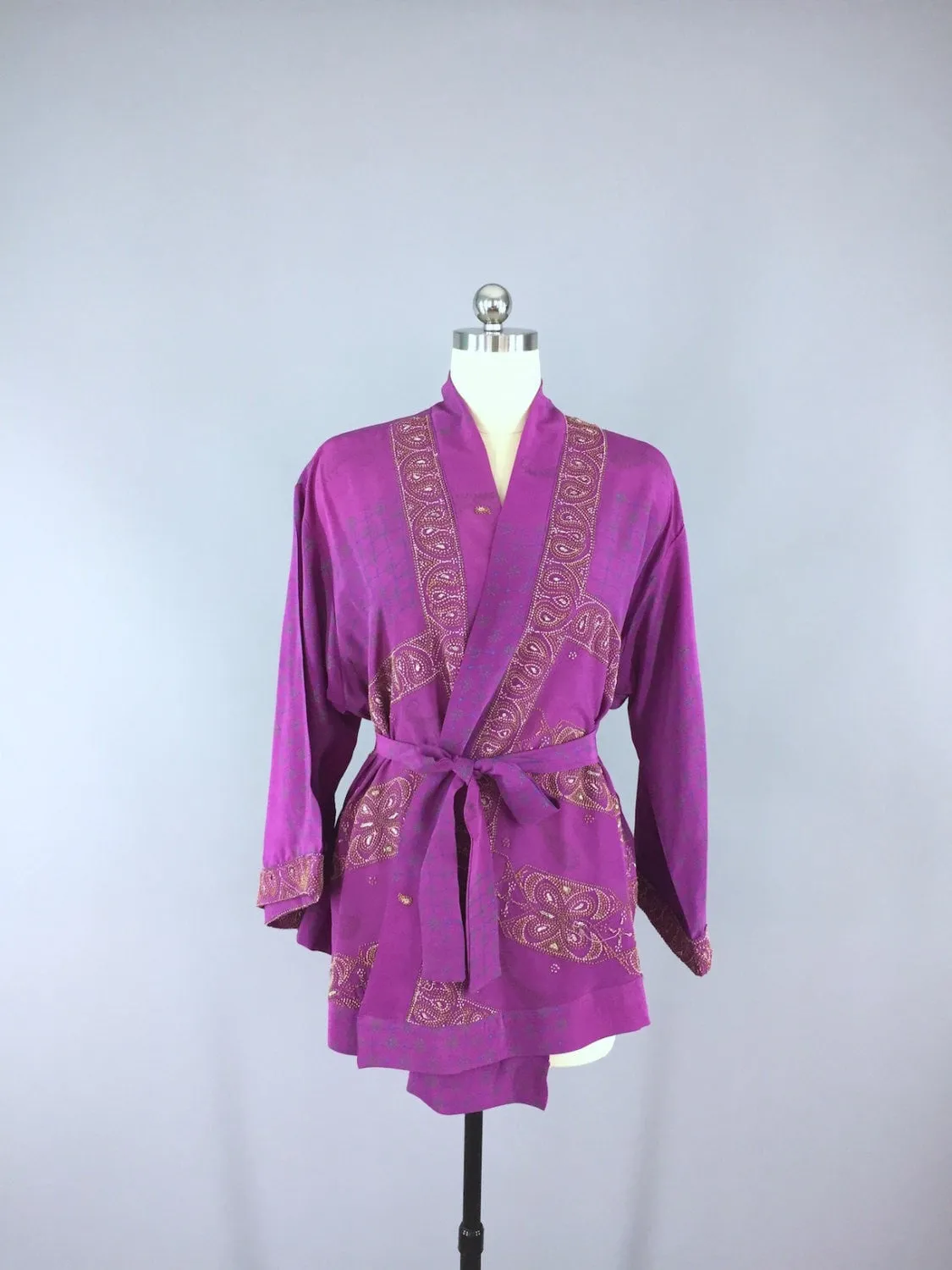 Silk Kimono Cardigan / Vintage Indian Sari / Purple French Embroidered