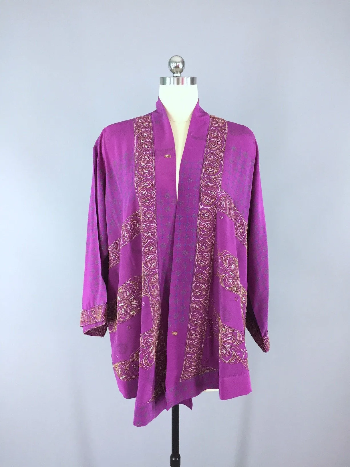 Silk Kimono Cardigan / Vintage Indian Sari / Purple French Embroidered