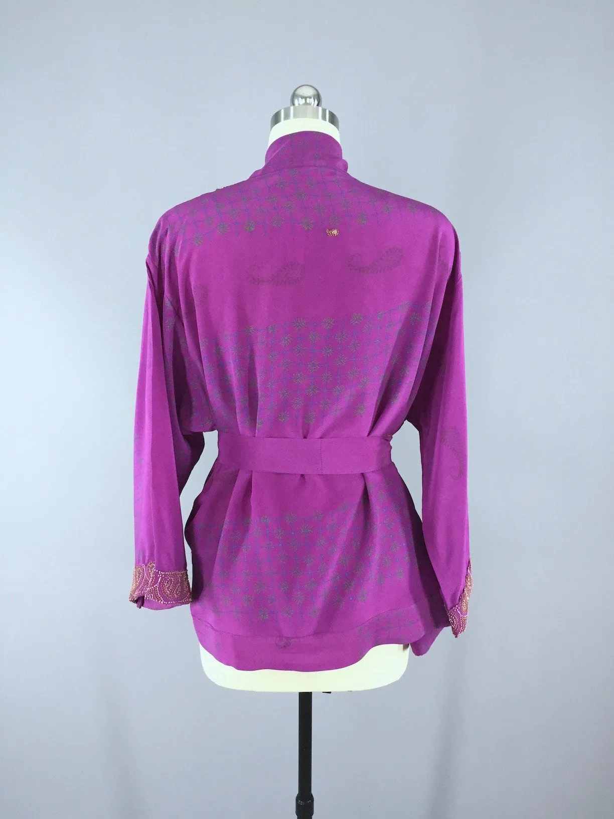 Silk Kimono Cardigan / Vintage Indian Sari / Purple French Embroidered