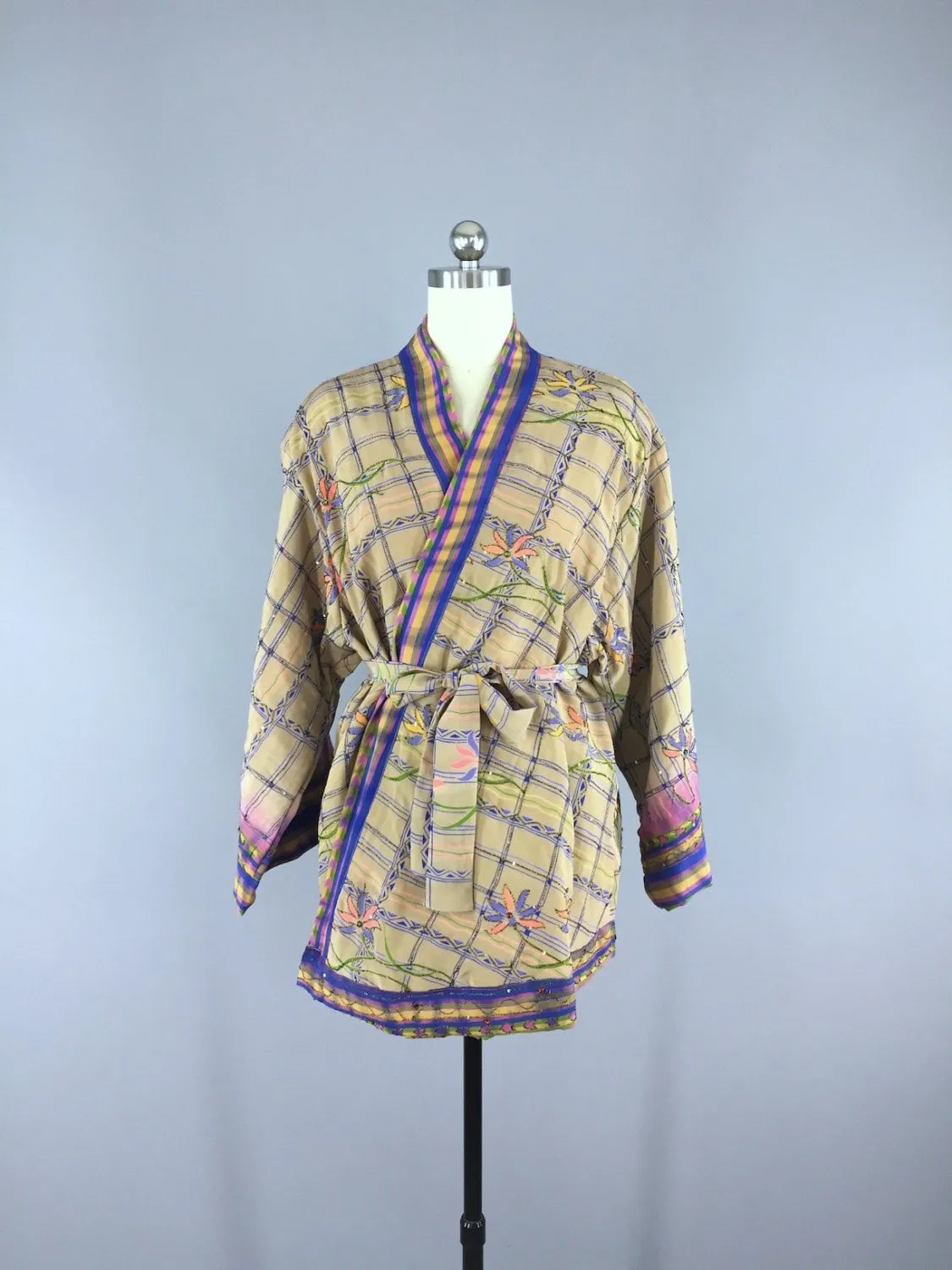 Silk Kimono Cardigan / Vintage Indian Sari / Tan Purple Embroidered