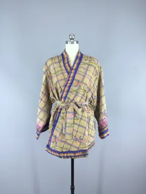 Silk Kimono Cardigan / Vintage Indian Sari / Tan Purple Embroidered