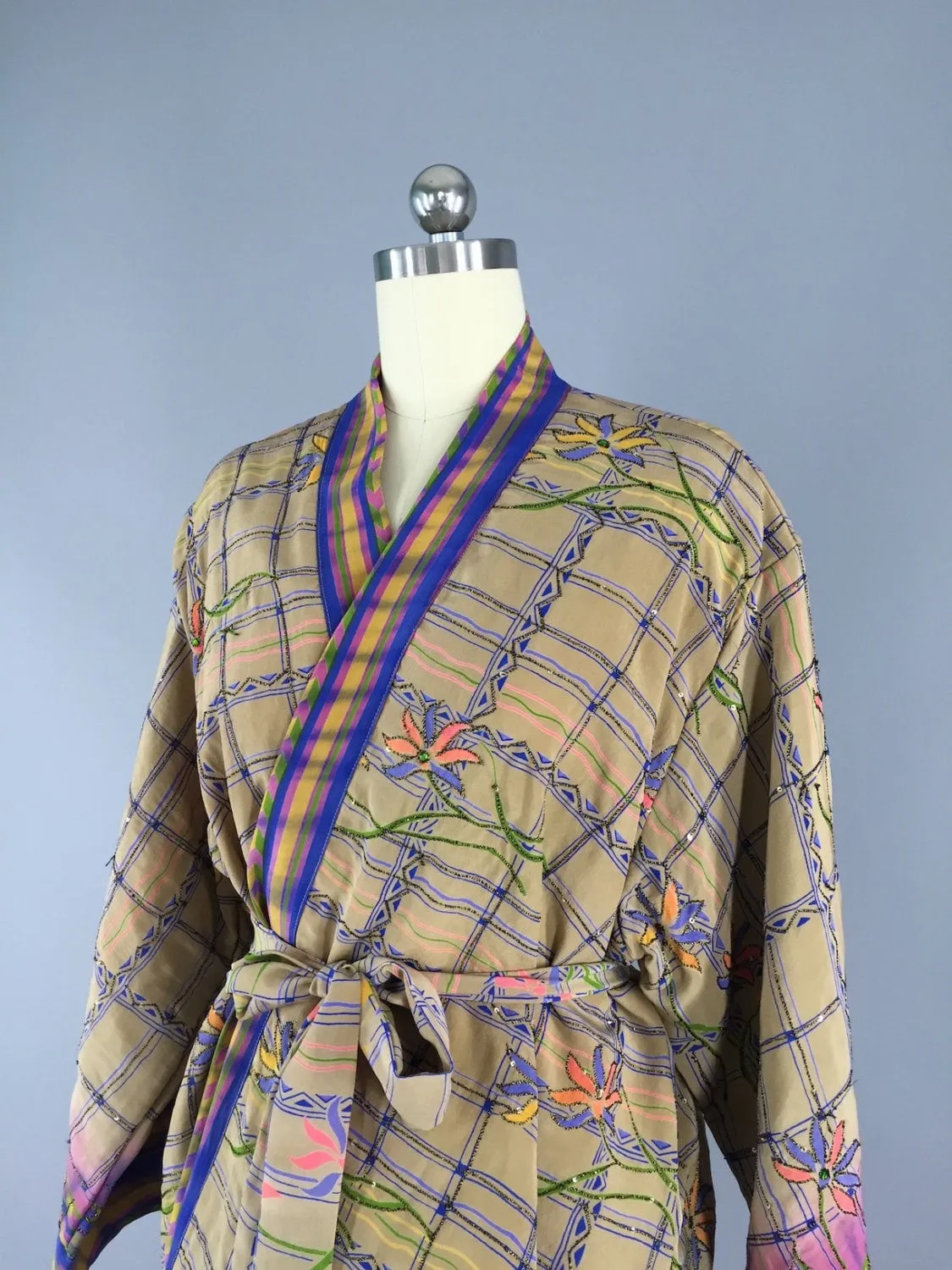 Silk Kimono Cardigan / Vintage Indian Sari / Tan Purple Embroidered