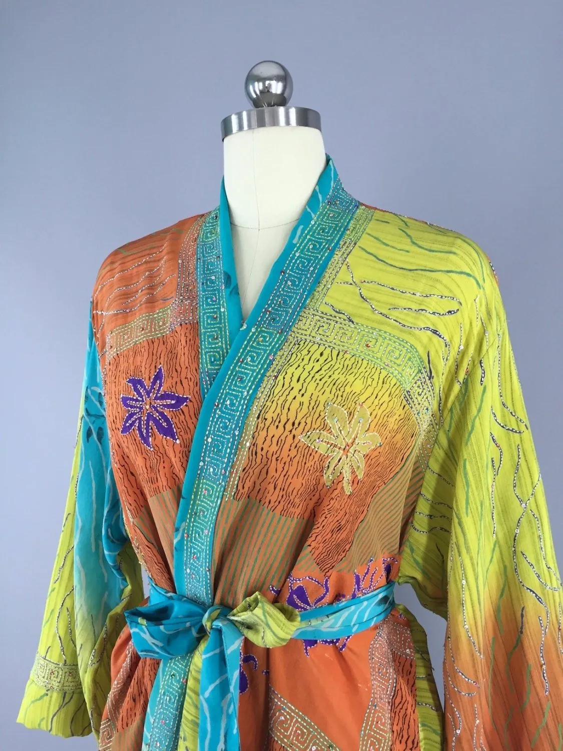 Silk Kimono Cardigan / Vintage Indian Sari / Turquoise Brown Embroidered