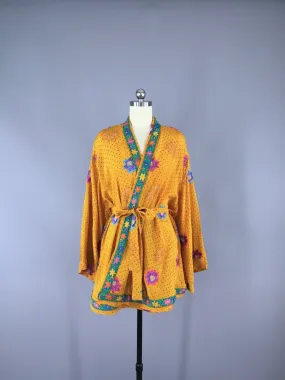 Silk Kimono Cardigan / Vintage Indian Sari / Yellow Floral Embroidery