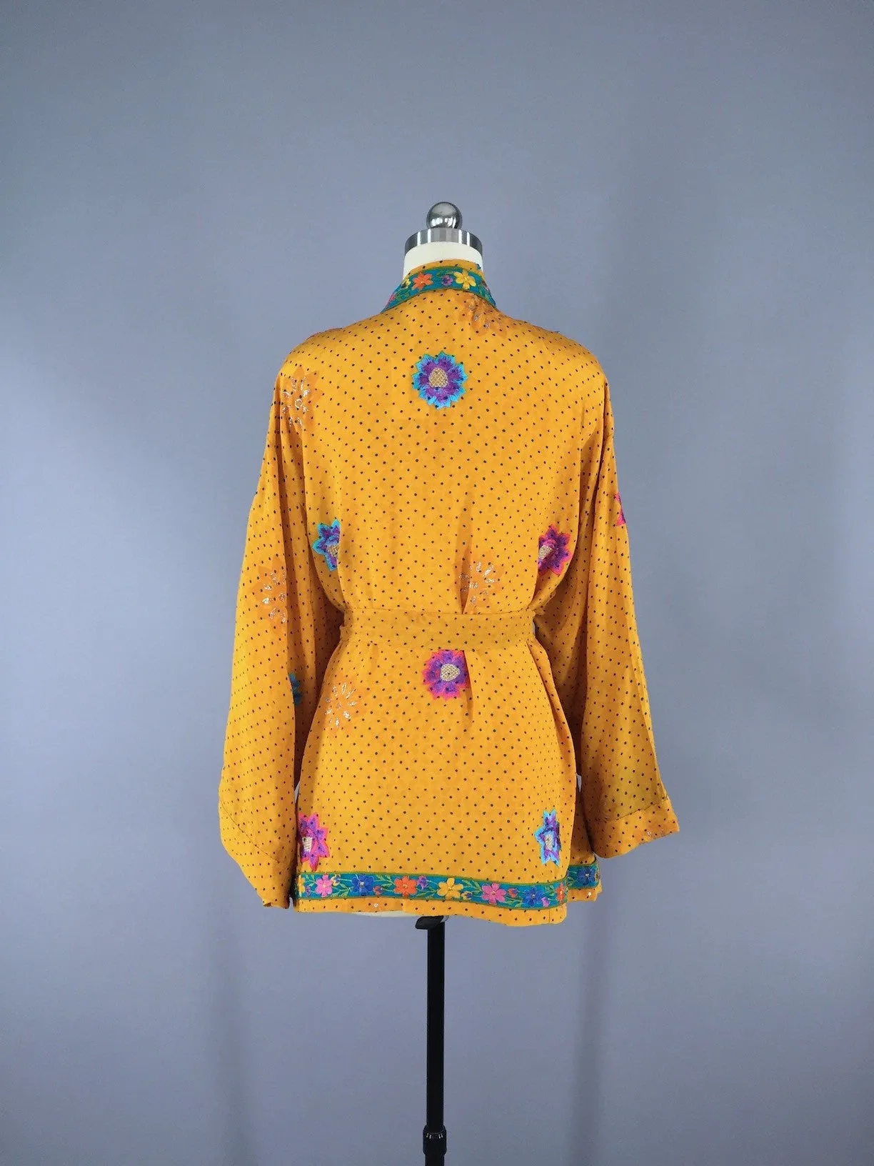 Silk Kimono Cardigan / Vintage Indian Sari / Yellow Floral Embroidery