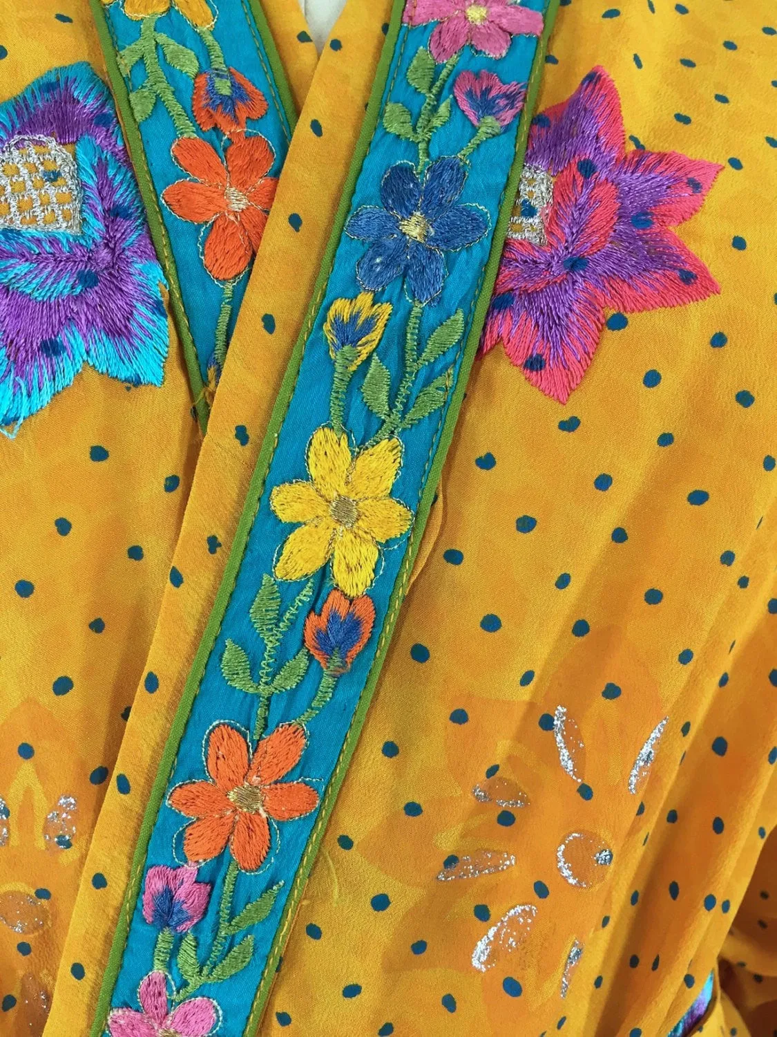 Silk Kimono Cardigan / Vintage Indian Sari / Yellow Floral Embroidery