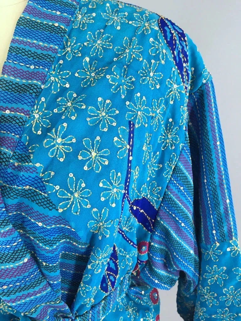 Silk Kimono Cardigan / Vintage Indian Silk Sari / Ocean Blue Floral