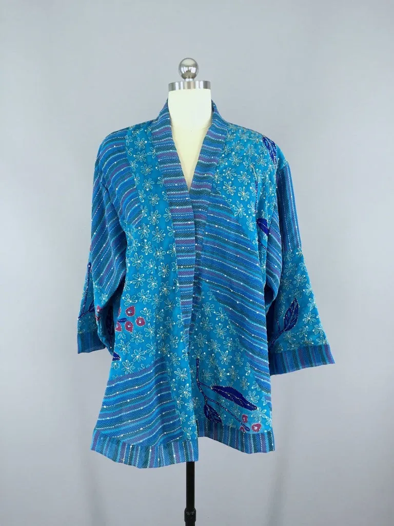 Silk Kimono Cardigan / Vintage Indian Silk Sari / Ocean Blue Floral