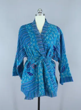 Silk Kimono Cardigan / Vintage Indian Silk Sari / Ocean Blue Floral