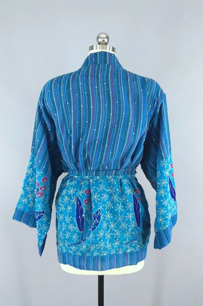 Silk Kimono Cardigan / Vintage Indian Silk Sari / Ocean Blue Floral