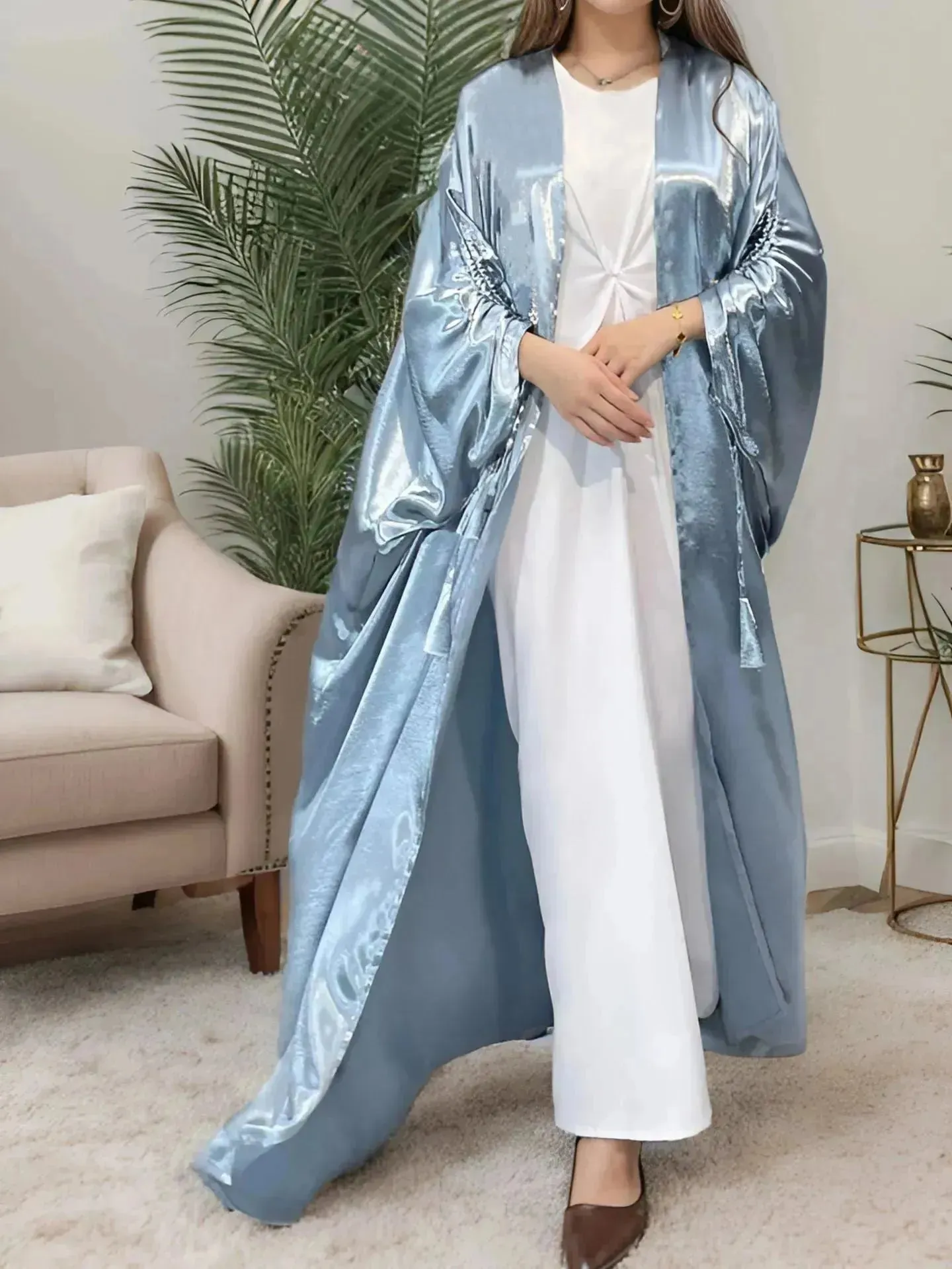 Simple Middle East Turkey Solid Color Plus Size Satin Robe Dubai Abaya Coat Turkey Abaya Kimono