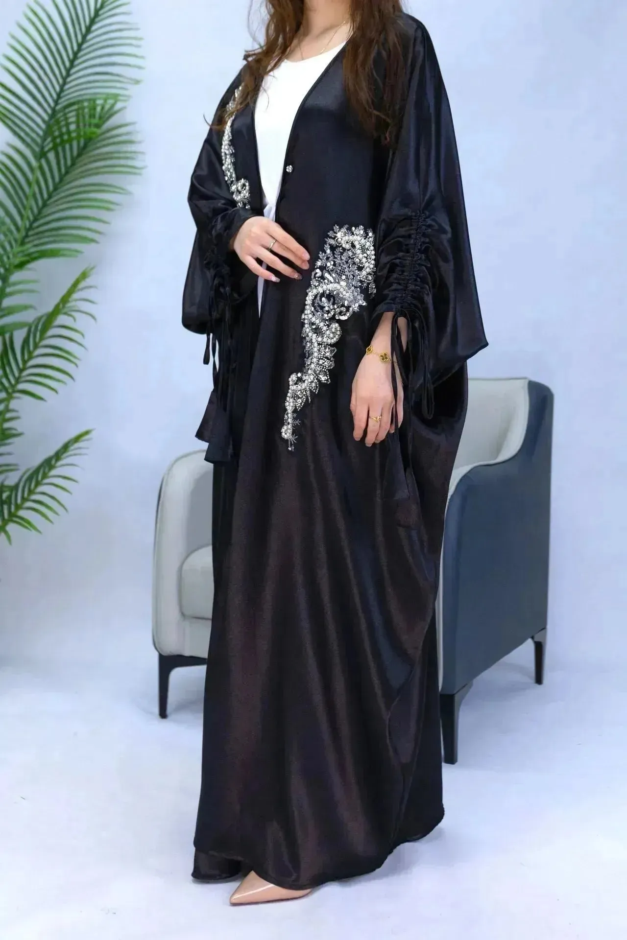 Simple Middle East Turkey Solid Color Plus Size Satin Robe Dubai Abaya Coat Turkey Abaya Kimono