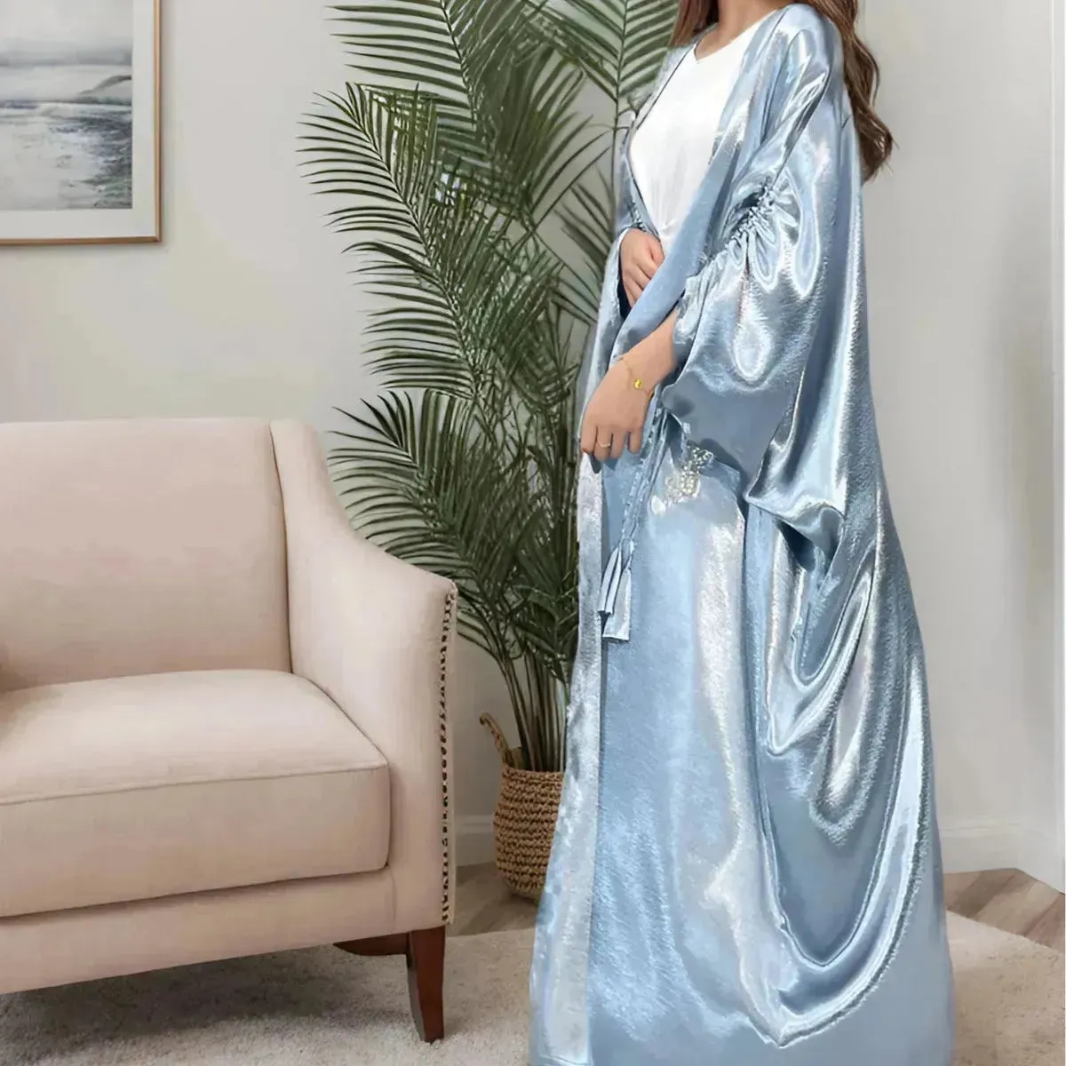 Simple Middle East Turkey Solid Color Plus Size Satin Robe Dubai Abaya Coat Turkey Abaya Kimono