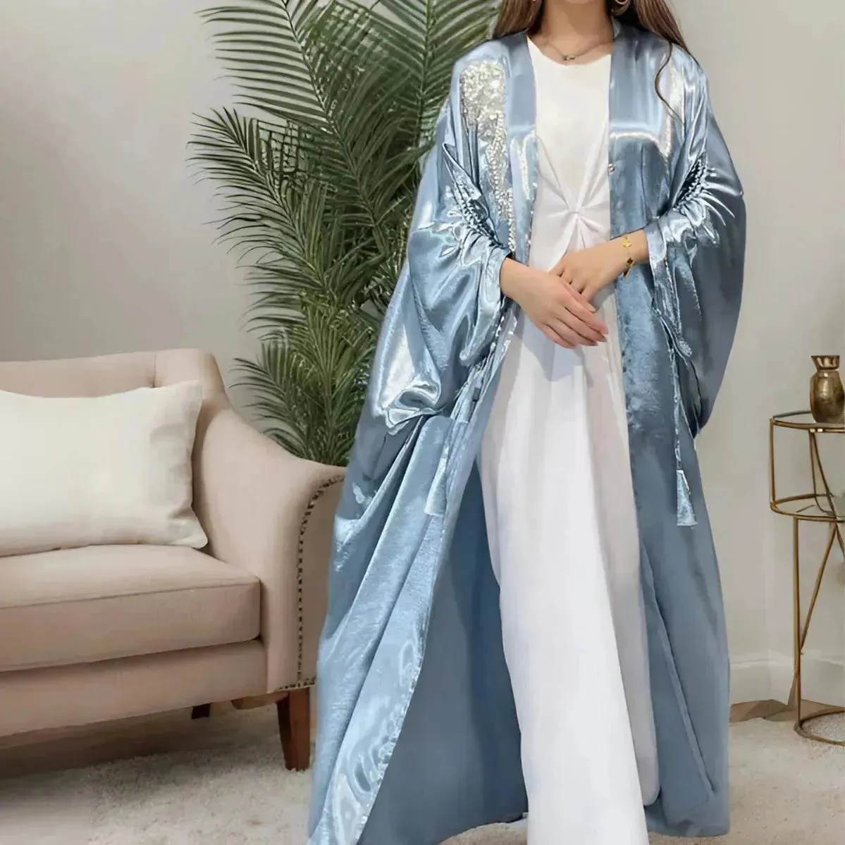 Simple Middle East Turkey Solid Color Plus Size Satin Robe Dubai Abaya Coat Turkey Abaya Kimono