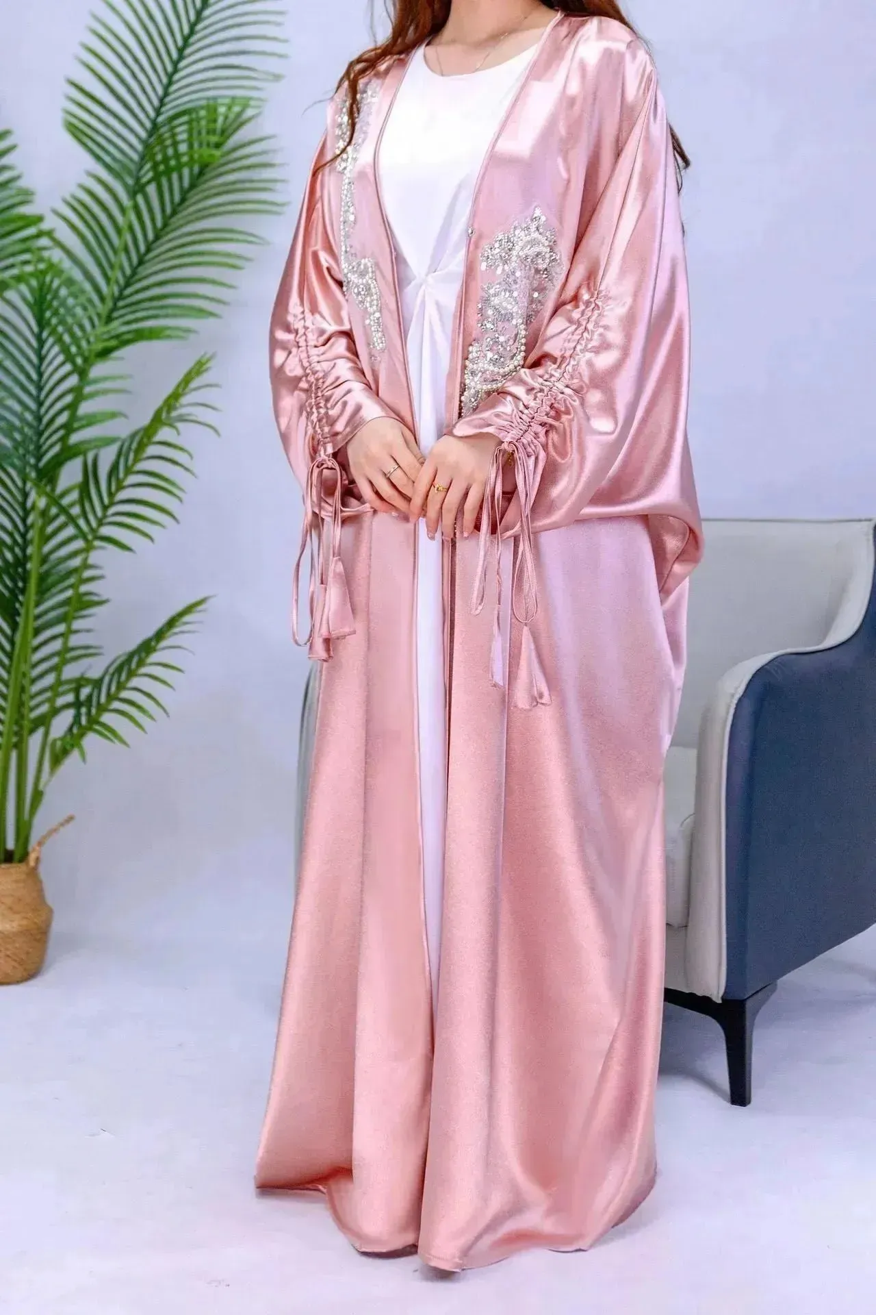 Simple Middle East Turkey Solid Color Plus Size Satin Robe Dubai Abaya Coat Turkey Abaya Kimono