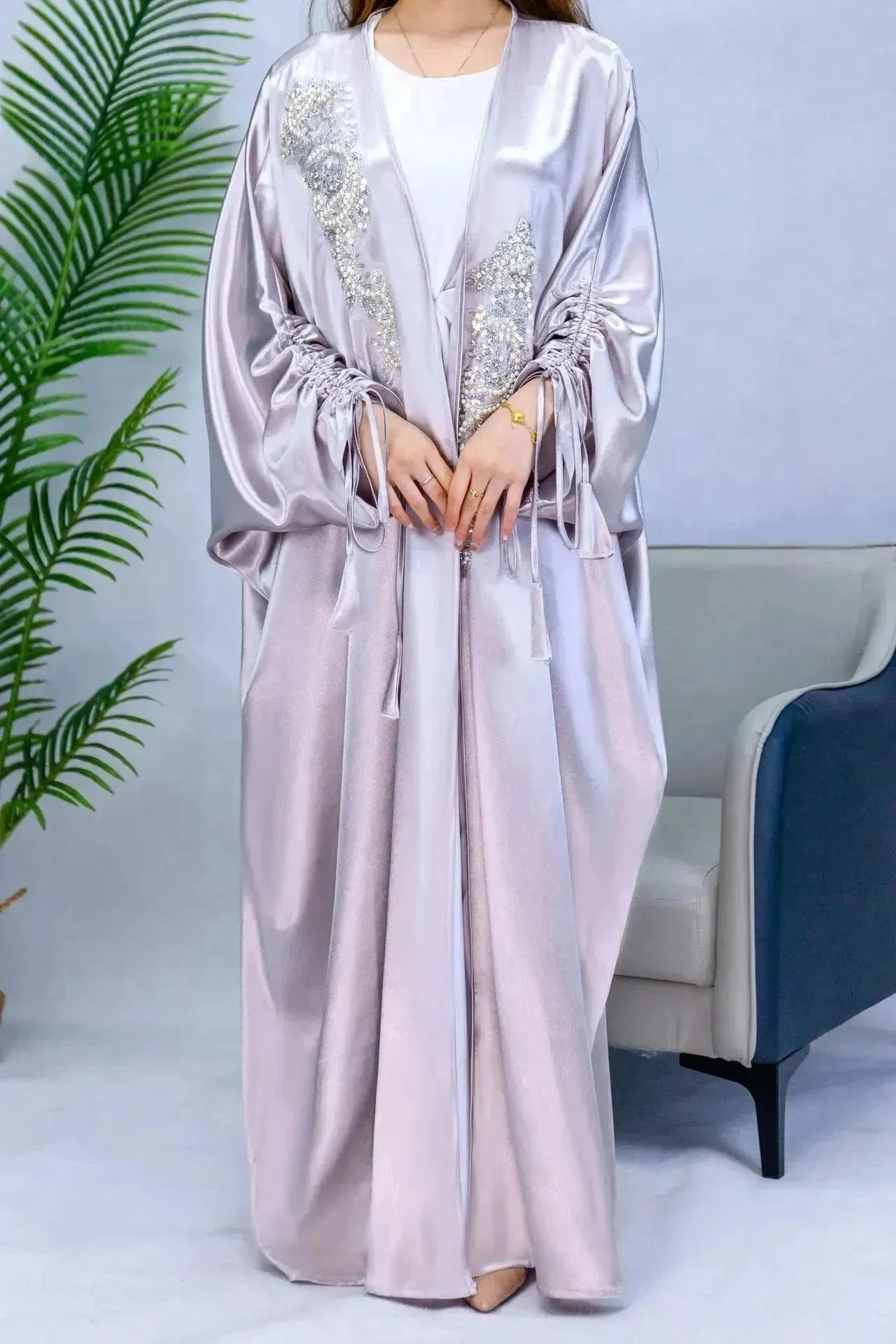 Simple Middle East Turkey Solid Color Plus Size Satin Robe Dubai Abaya Coat Turkey Abaya Kimono