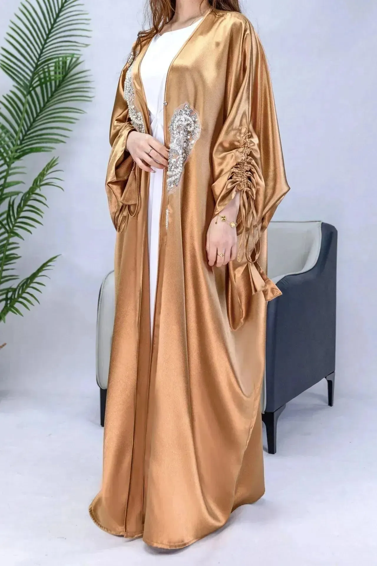 Simple Middle East Turkey Solid Color Plus Size Satin Robe Dubai Abaya Coat Turkey Abaya Kimono